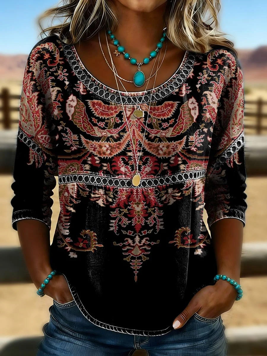Women's Retro Casual Style Print Vintage Half Sleeves Shirt